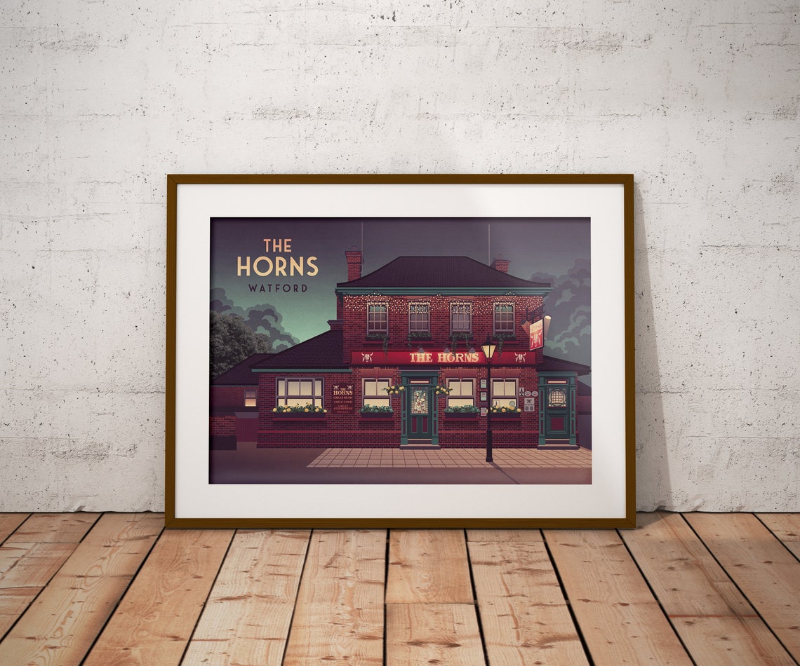 The Horns Pub Night Vintage Watford Brick Pub Building Poster - Image 2