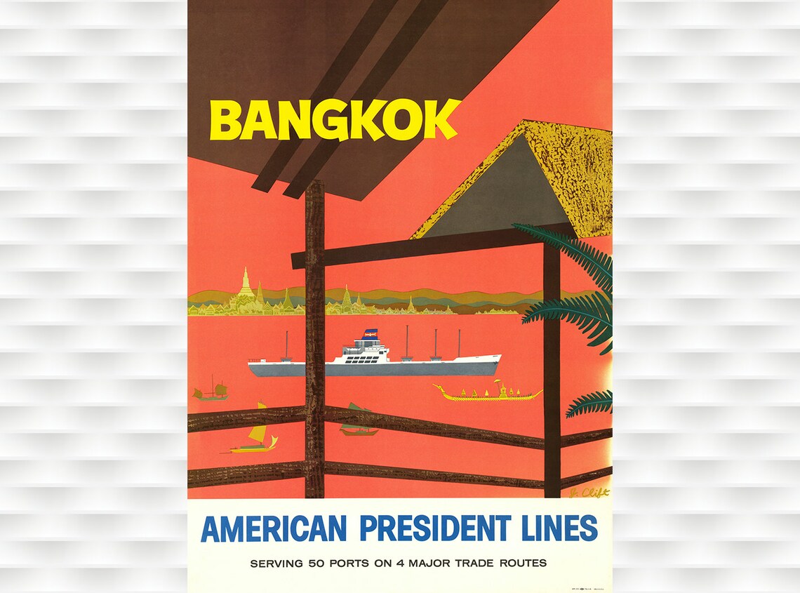 Bangkok American President Lines Vintage Cruise Ship Travel Poster