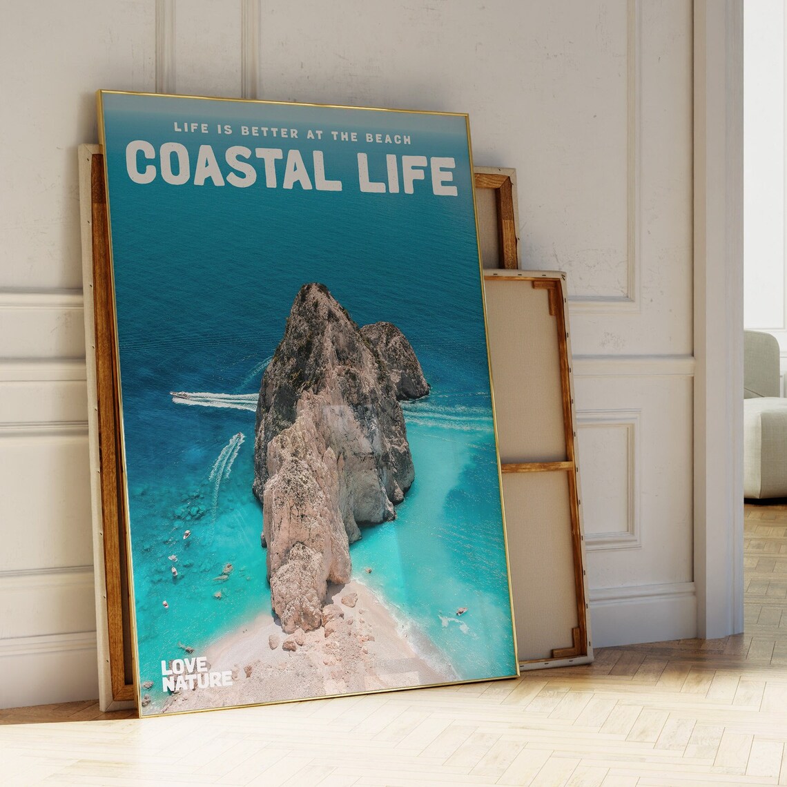 Coastal Life Aerial Sea Stack Turquoise Beach Boats Ocean Photo Poster