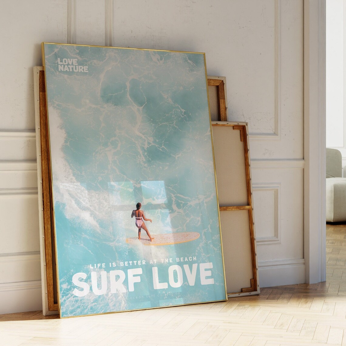 Surf Love Aerial Woman Surfer On Longboard Turquoise Ocean Poster