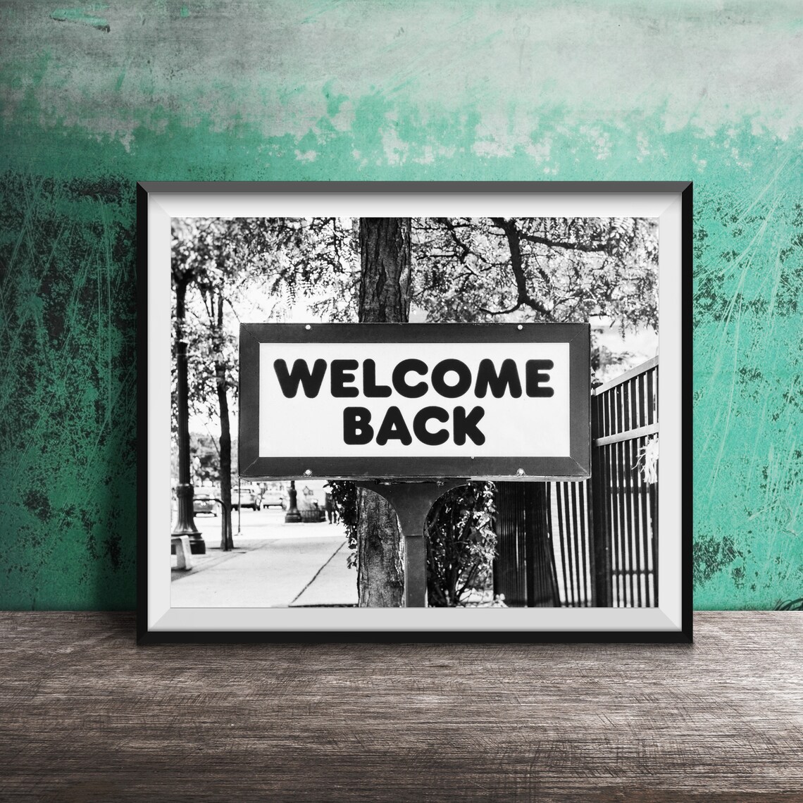 Welcome Back Pink Signpost on Tree-Lined Sidewalk Photography Poster - Image 2