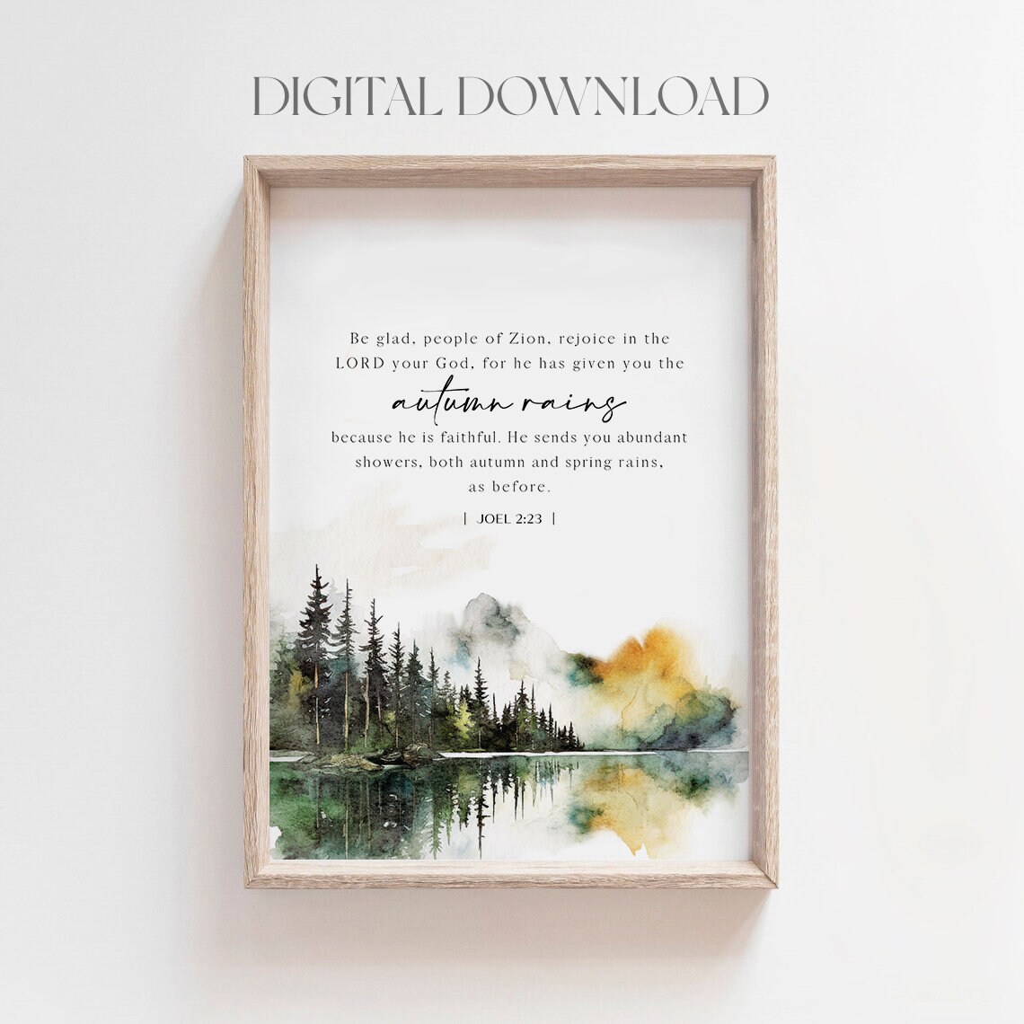 Joel 2:23 Autumn Rains Watercolor Lake Pine Forest Christian Bible Poster - Image 2