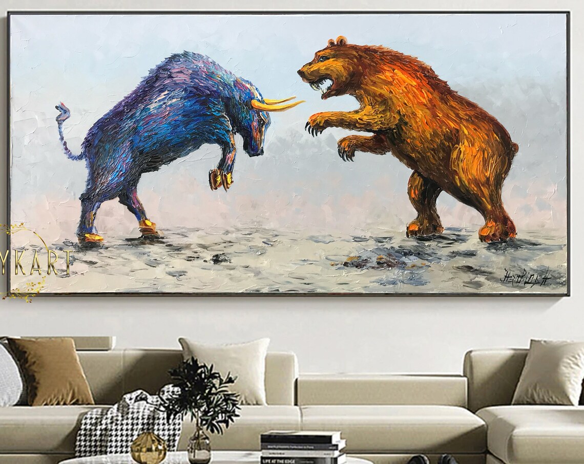 Bull Versus Bear Blue Orange Palette Knife Stock Market Art Poster