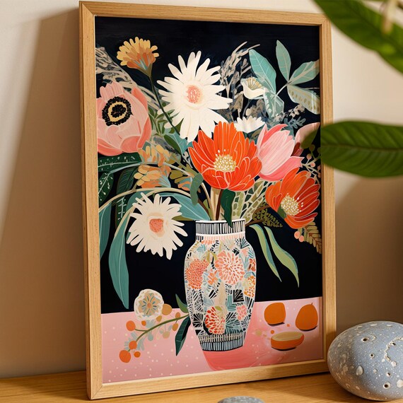 Botanical Still Life Poster Floral Bouquet In Pattern Vase Print Illustration For Kitchen Or Living Room Elegant Drawing
