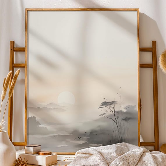 Minimalist Misty Sunset Landscape Soft Neutral Nature Wall Art Calm Modern Decor For Bedroom Or Living Room