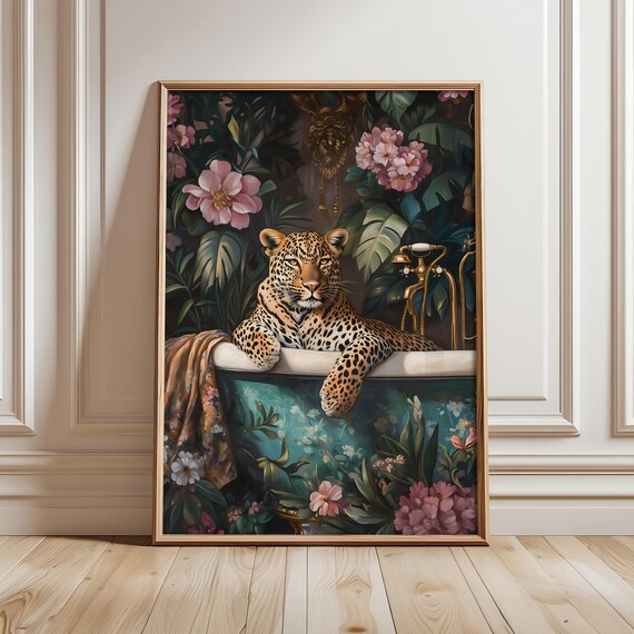 Leopard In Bathtub Print, Pink Bathroom Poster