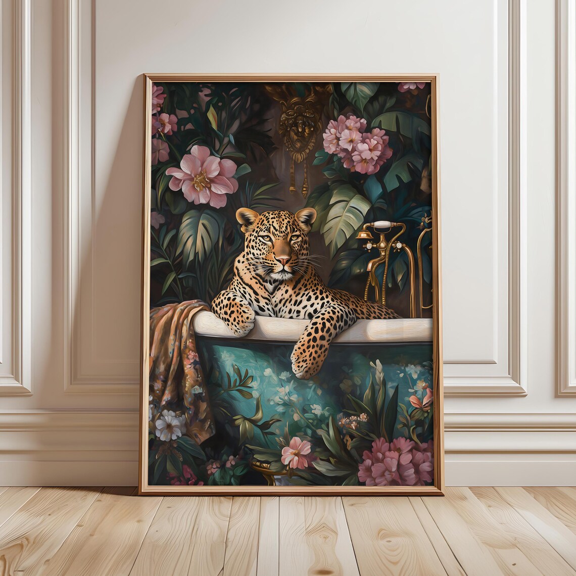 Leopard In Bathtub Print, Pink Bathroom Poster