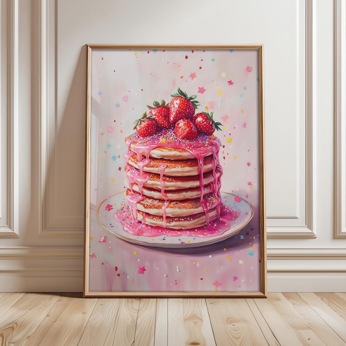 Pink Strawberry Pancake Stack Sprinkles Cute Kitchen Food Poster