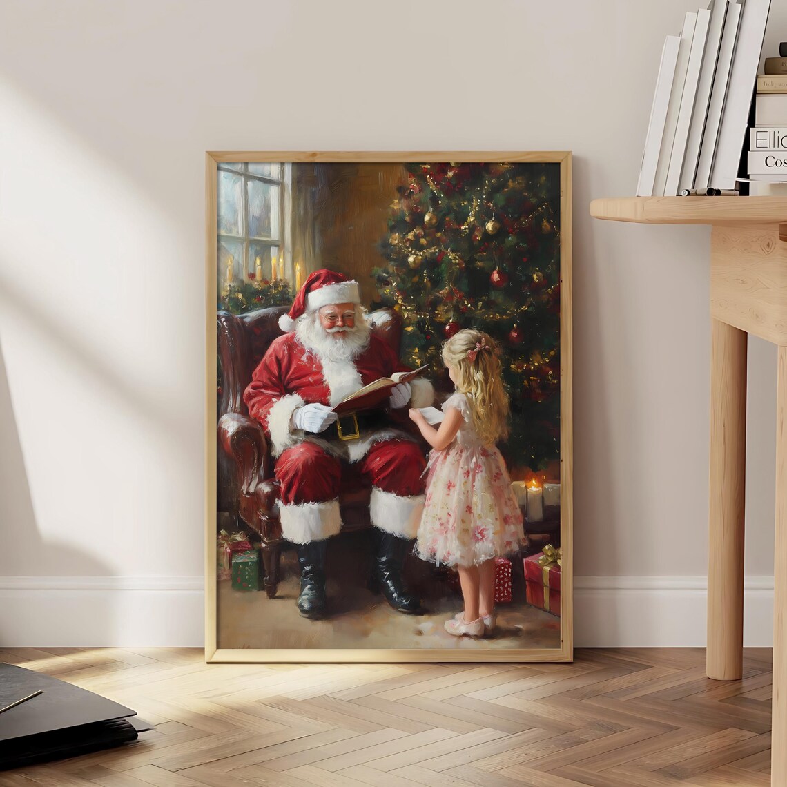 Vintage Santa Claus Reading To Child Christmas Tree Art Poster