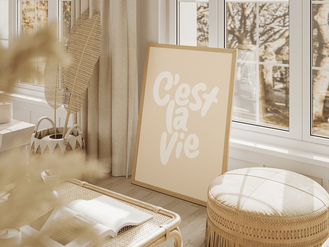 Cest La Vie French Quote Script Poster In Beige And White Minimalist Art - Image 3