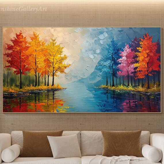 Rainbow Autumn Trees by the Lake Impasto Oil Painting Colorful Foliage Reflection Poster