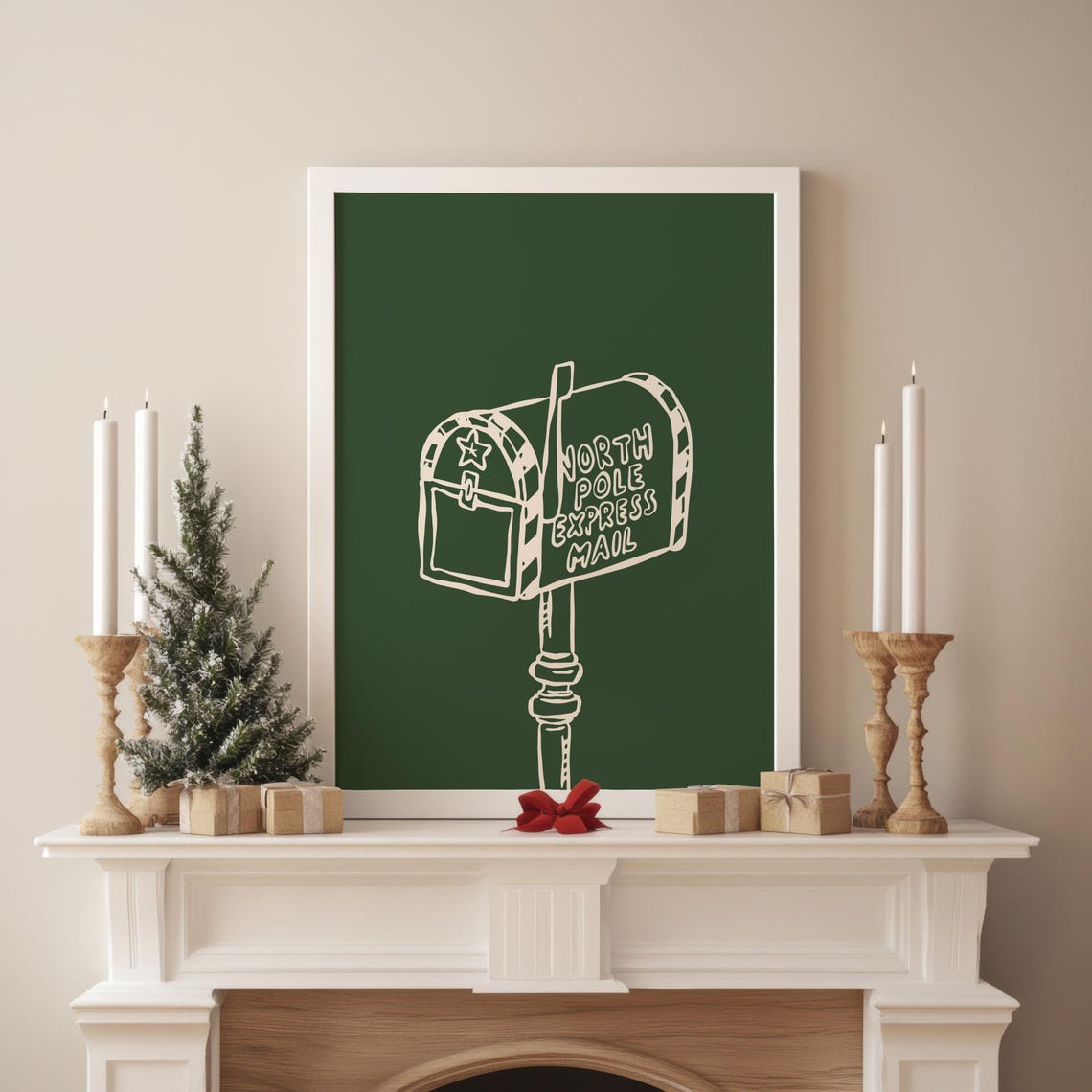 North Pole Express Mail Green Christmas Poster Hand Drawn Holiday Art - Image 2