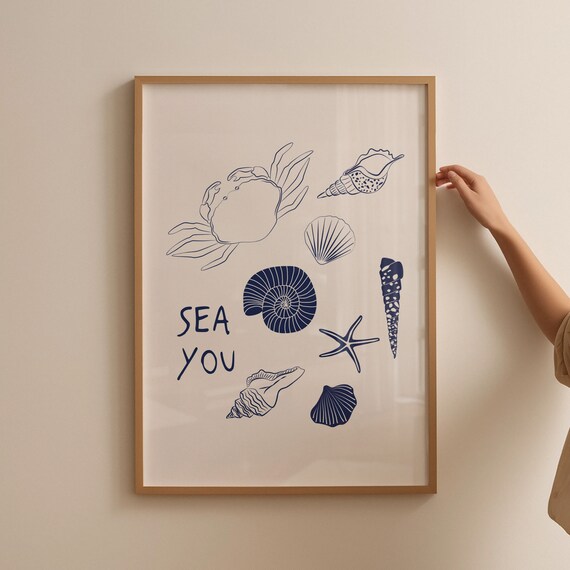 Navy Blue Sea You Shells Crab Starfish Minimalist Beach Poster