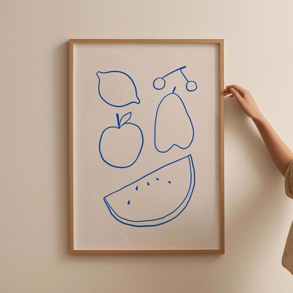 Blue Minimalist Fruit Line Art Lemon Apple Pear Kitchen Poster