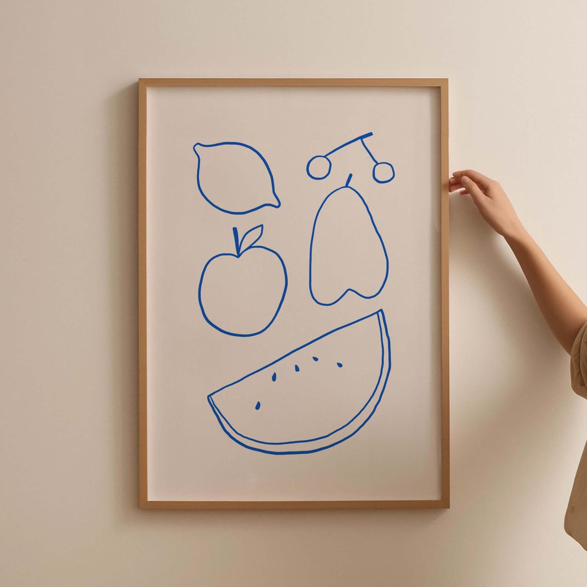 Blue Minimalist Fruit Line Art Lemon Apple Pear Kitchen Poster