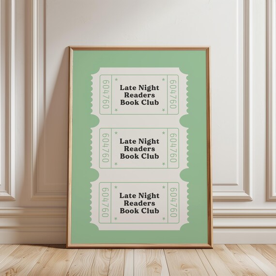Late Night Readers Book Club Tickets Sage Green Library Wall Poster