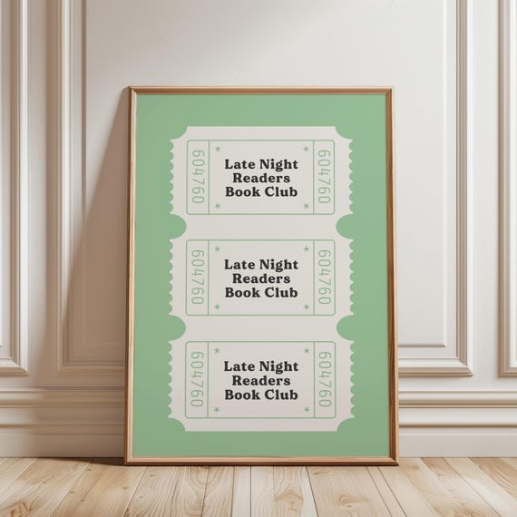 Late Night Readers Club Print Green Book Lover Ticket Trendy Reader Wall Bookish Poster Cute Library Decor