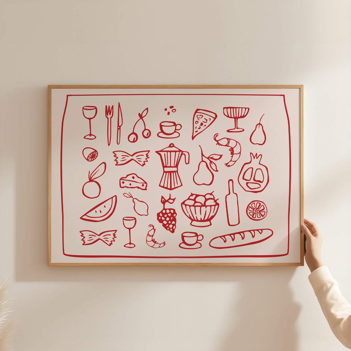 Dolce Vita Red Line Art Italian Food And Wine Icons Kitchen Poster