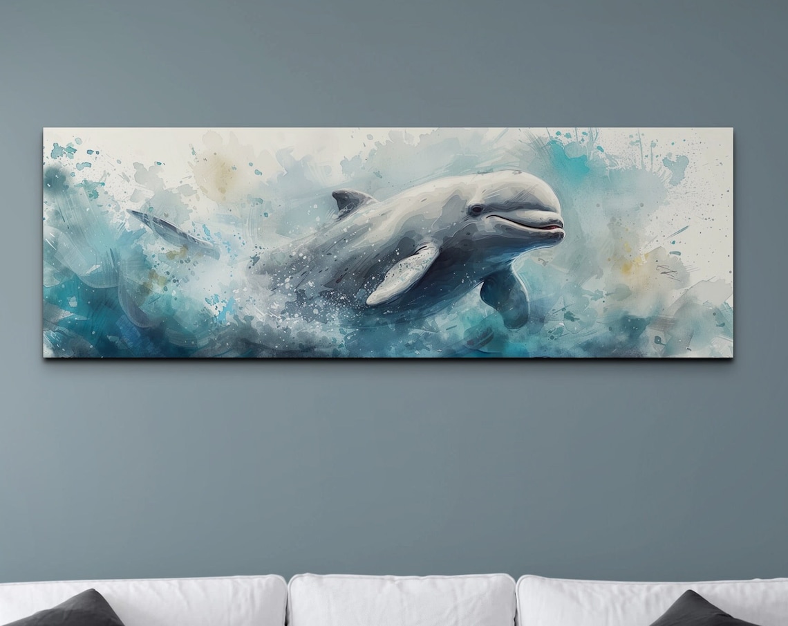 Beluga Whale Panoramic Watercolor Splash Ocean Animal Poster