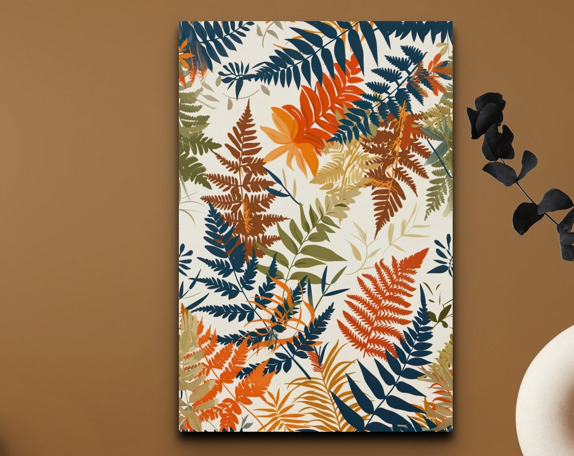 Navy and Rust Fern Botanical Pattern Modern Leaf Art Wall Print