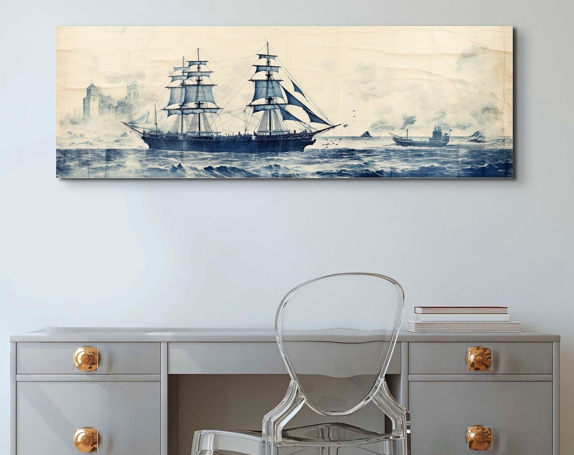 Vintage Pirate Ship Blue Ink Sketch On Stormy Sea Panorama Poster