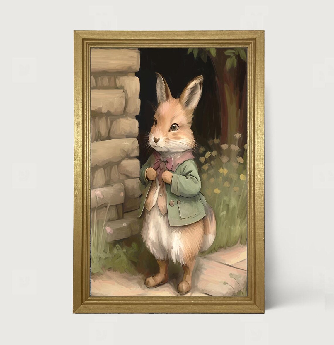 Dressed Bunny Storybook Rabbit Green Jacket Stone Wall Nursery Framed Poster