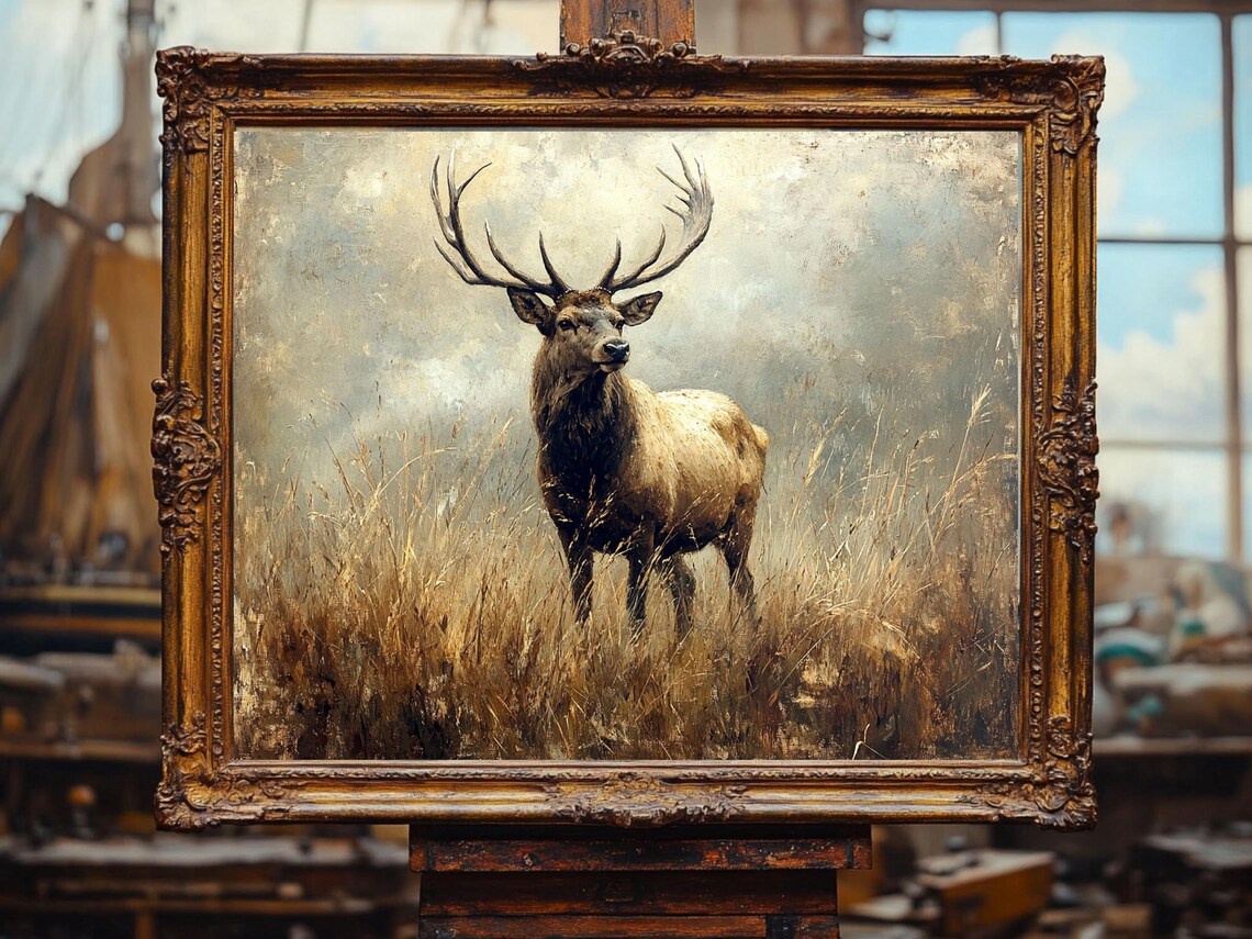 Rustic Stag With Antlers Standing In A Golden Grass Field Poster - Image 3