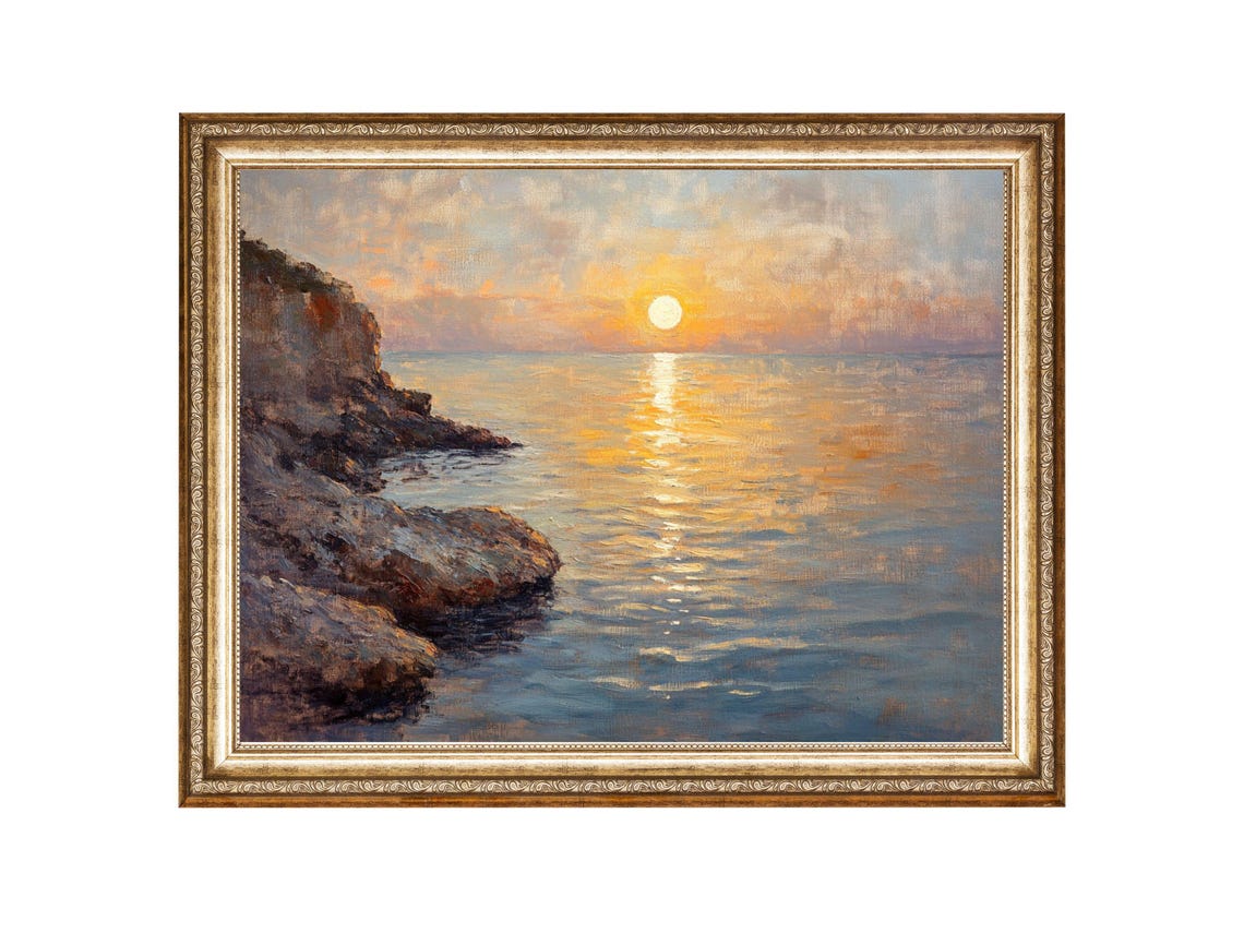 Sunset Seascape Painting Coastal Cliff Ocean Art Oil Painting Cottage Core Art Best Gifts Vintage Painting Prints