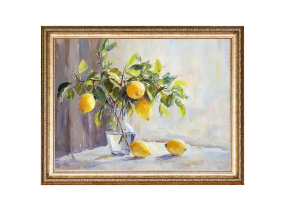 Lemon Tree Art In Glass Vase Fruit Art Oil Painting Cottage Core Art Vintage Painting Prints