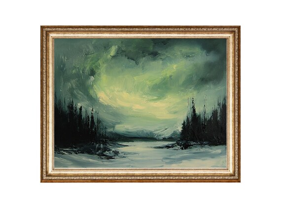 Winter Northern Lights Night Sky Green Aurora Borealis Art Oil Painting Cottage Core Art Vintage Painting Prints