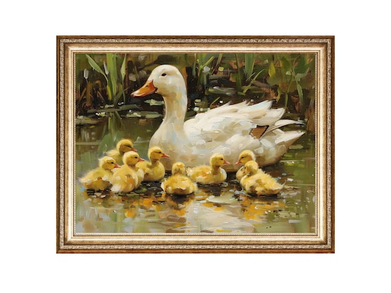 Duck Pond Vintage Oil Painting, Nature Art Print