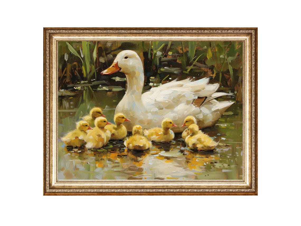 Duck Pond Vintage Oil Painting, Nature Art Print