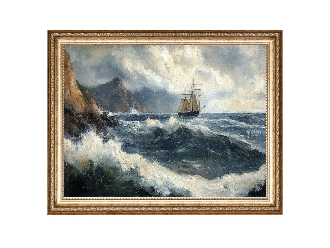 Stormy Sea Ship Oil Painting, Vintage Art Print