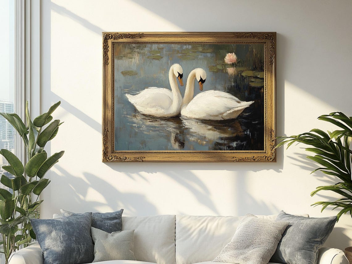 Swan Couple Lake Art Print Wildlife Painting Water Birds Vintage Oil Painting Cottagecore Wall Art Wall Art Prints - Image 2