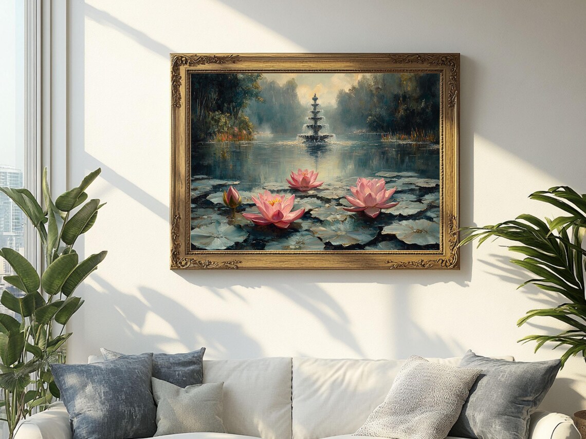 Water Lilies Pond Fountain, Vintage Oil Painting - Image 2