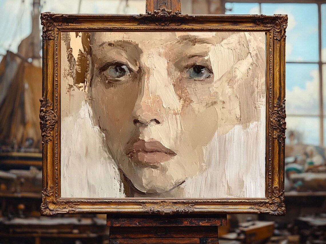 Abstract Woman Face Close-Up Neutral Impasto Portrait Poster - Image 2