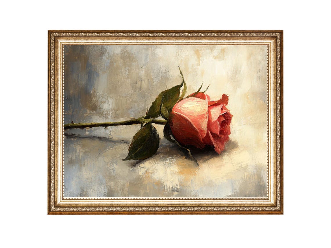 Single Rose Print Antique Floral Red Rose Art Oil Painting Cottage Core Art Best Gifts Vintage Painting Wall Art Prints