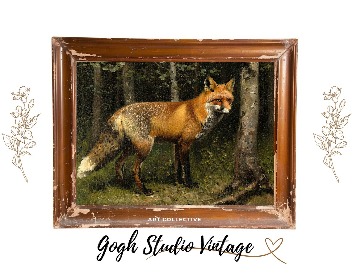 Red Fox in Dark Forest Vintage Wildlife Oil Painting Portrait Poster - Image 2