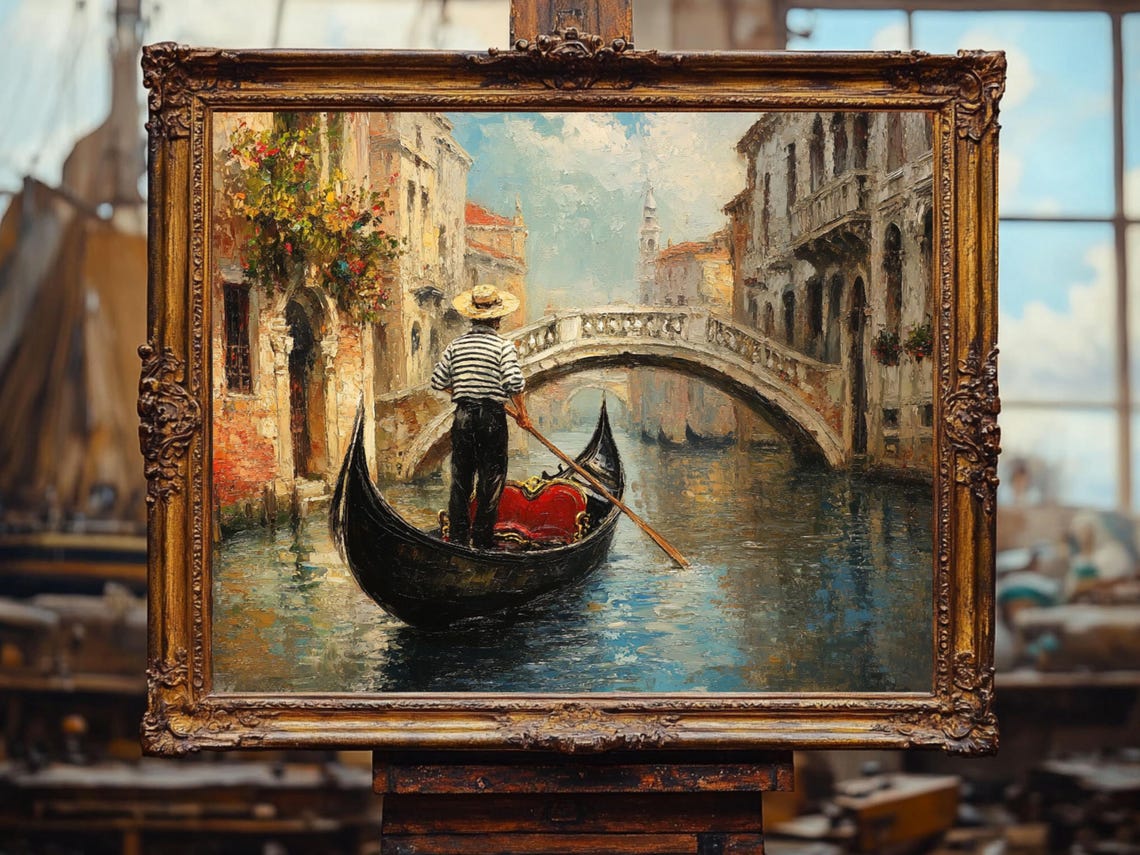 Venice Gondola Romantic Italian Canal Scene Oil Painting Cottage Core Art Best Gifts Vintage Painting Wall Art Prints - Image 2