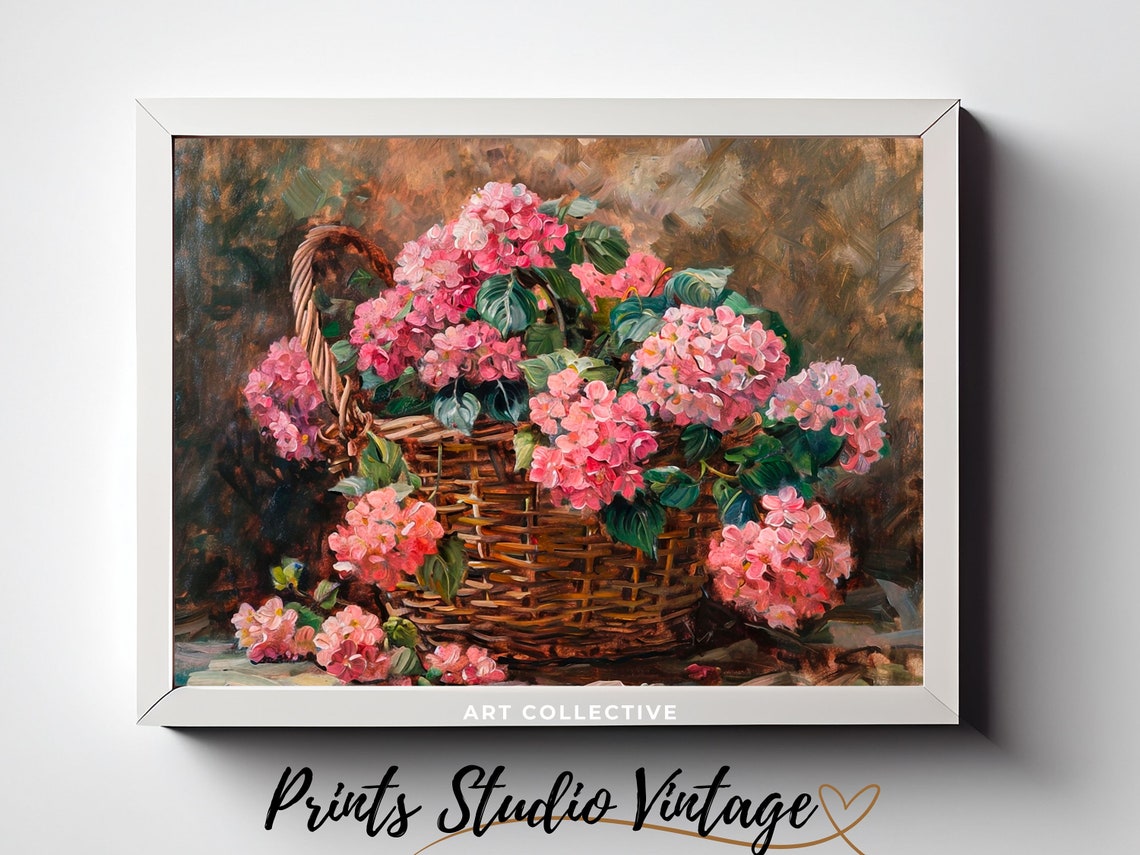 Pink Hydrangea Vintage Flower Woven Basket Hydrangea Art Floral Painting Hydrangea Print Moody Impressionism Art - Image 3