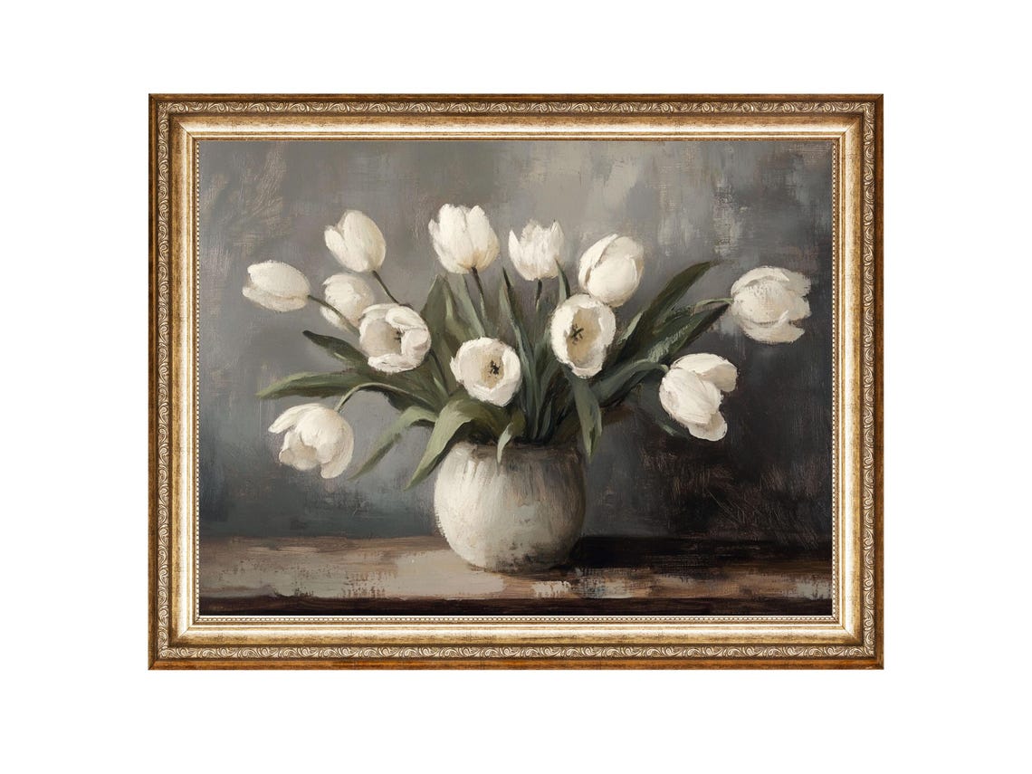 White Tulips Vintage Floral Art, Cottagecore Print