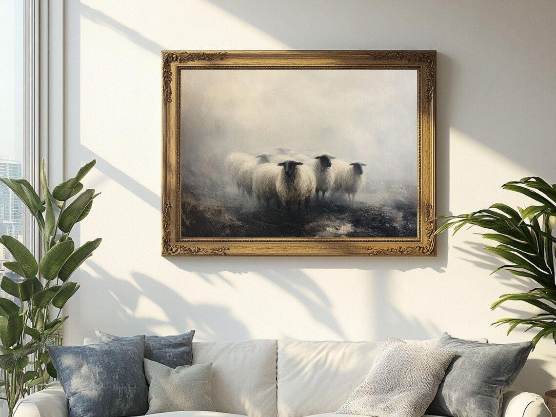 Sheep in Foggy Countryside, Cottagecore Art Print - Image 2