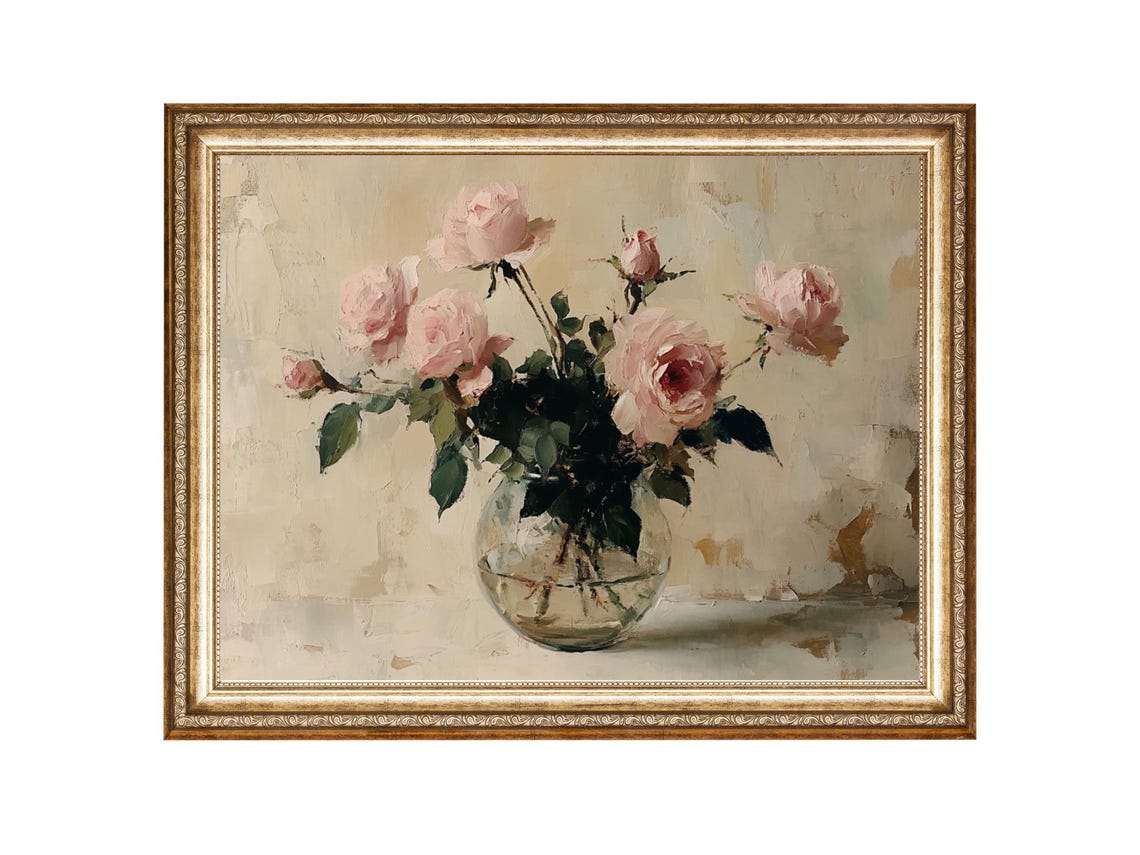Floral Art Pink Roses Painting In Vase Floral Feminine Wall Art Oil Painting Best Gifts For Her Wall Art Prints
