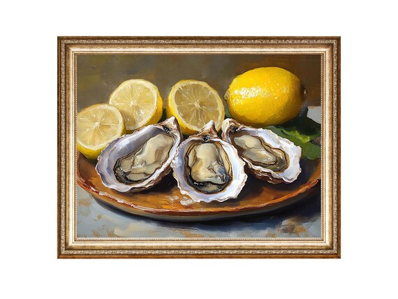 Oyster And Lemon Still Life, Vintage Painting
