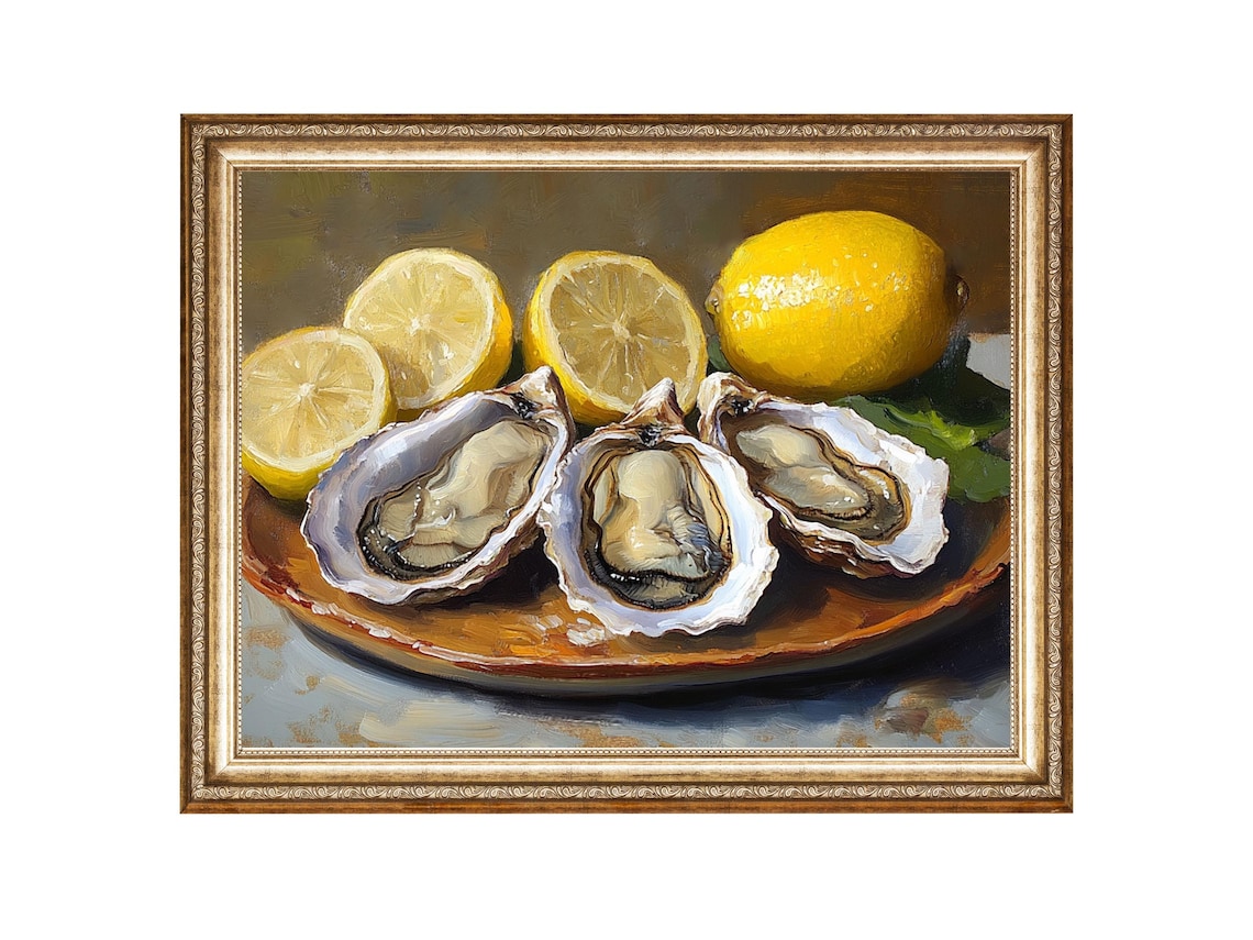 Oyster And Lemon Still Life, Vintage Painting