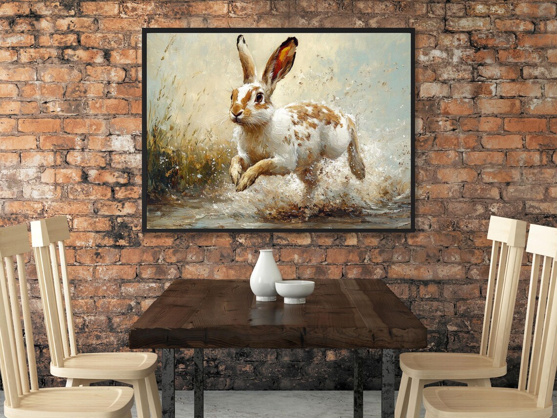 Spotted Rabbit Splashing through Water Vintage Animal Oil Poster - Image 2