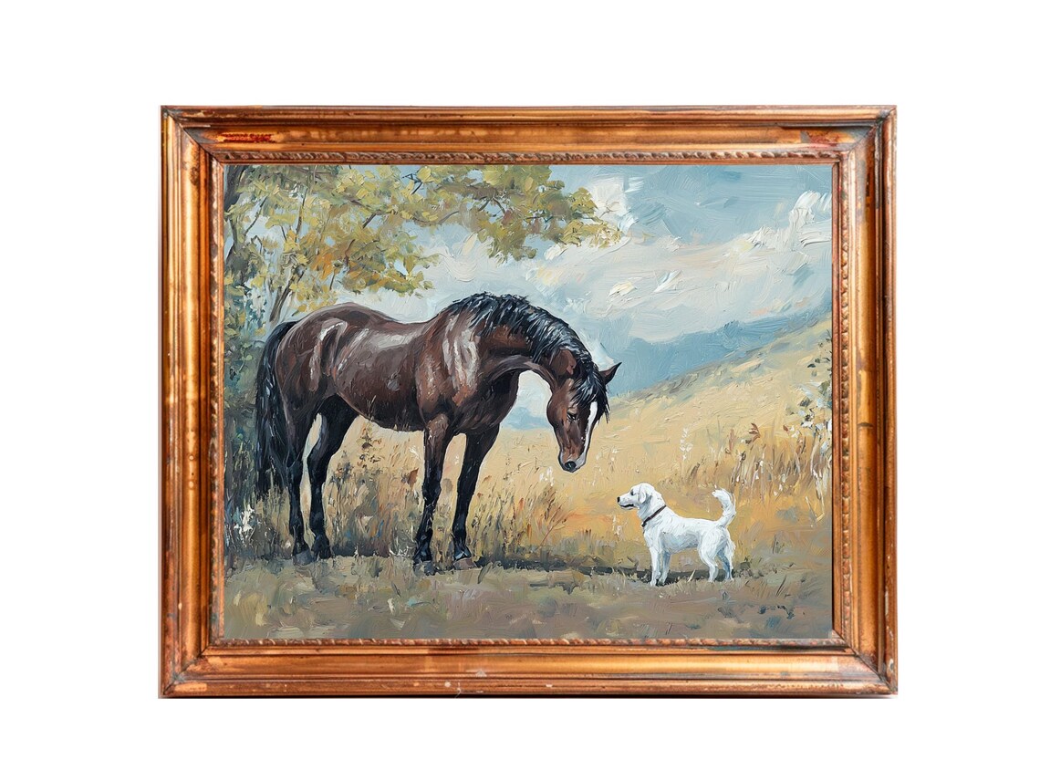 Horse With Dog Farmhouse Vintage Oil Painting Art Print - Image 3