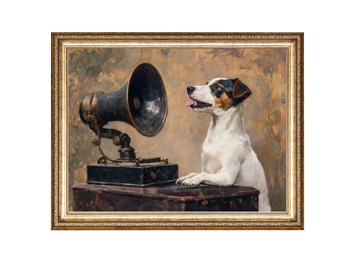 Russell Terrier and Gramophone Vintage Art Print