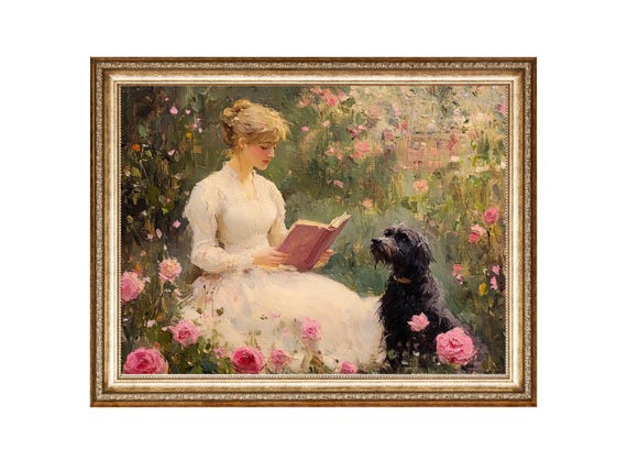 Romantic Rose Garden Reading Girl Art Print