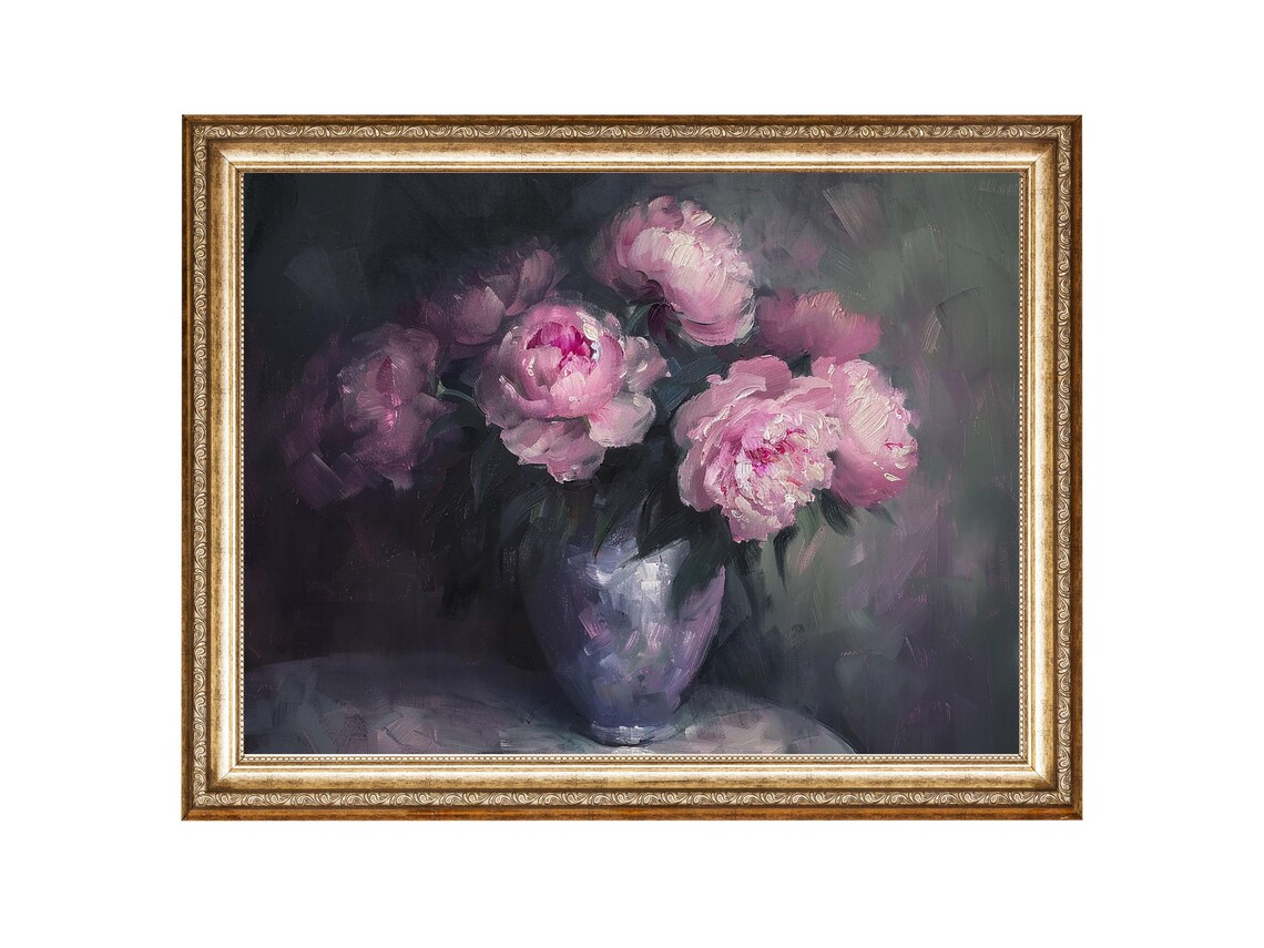 Dark Floral Pink Peonies Bouquet Vintage Wall Art Print